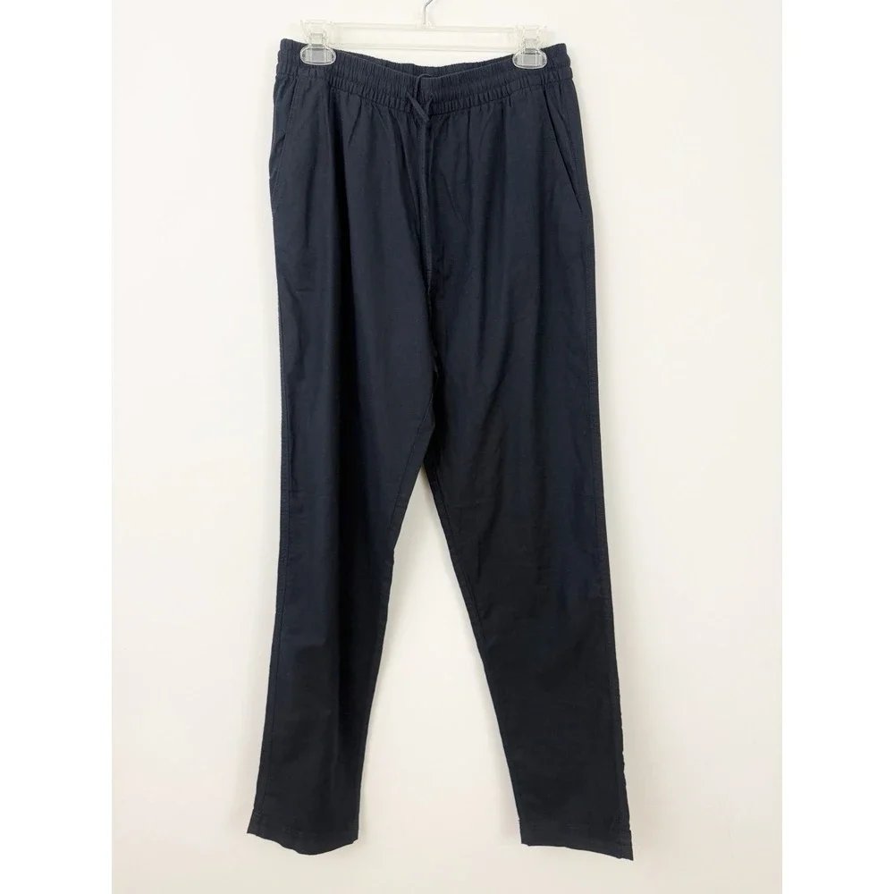 H&M NEW Linen Blend Navy Blue PANTS Small Tapered Casual Pull On Minimalist NWT